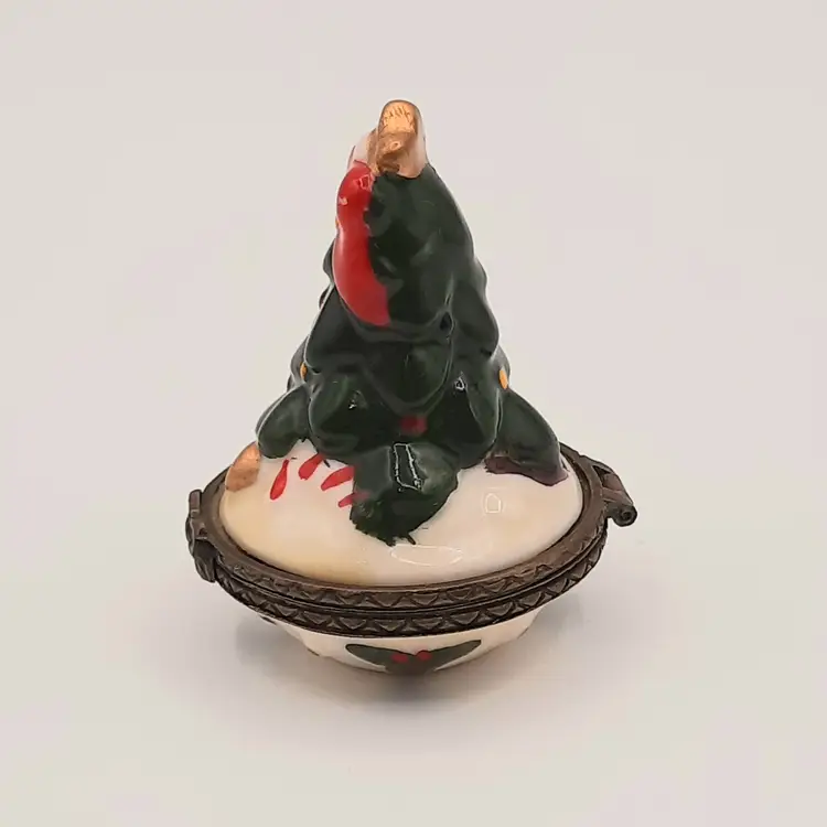 Vintage Hinged Christmas Tree Red Bow Trinket Box