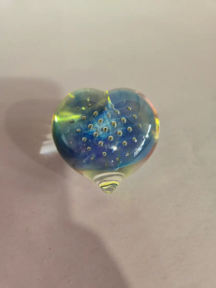 Clear & Blue Bubble Heart Paperweight- signed '93