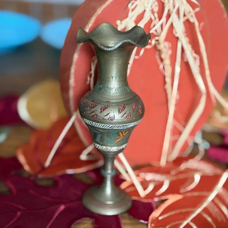 Vintage Brass Bud Vase – 5 Inch Hand Etched & Enameled Mid Century Indian Brassware – Small Decorative Vase