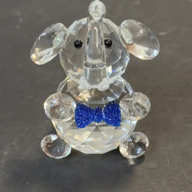 #1105 Crystal Clear Glass, Faceted, Sitting Elephant With His Sparkly Blue Bow Tie,Trunk Up