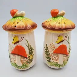 Vintage Mushroom Salt and Pepper Shakers with Butterfly Design