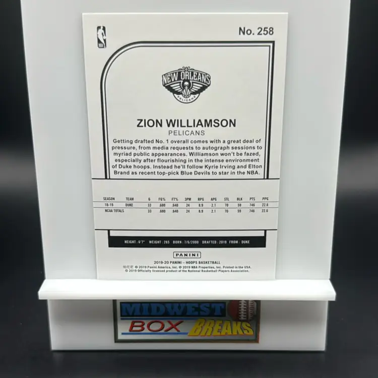 Zion Williamson Rc 2019-20 Panini Hoops New Orleans Pelicans MBBCRD
