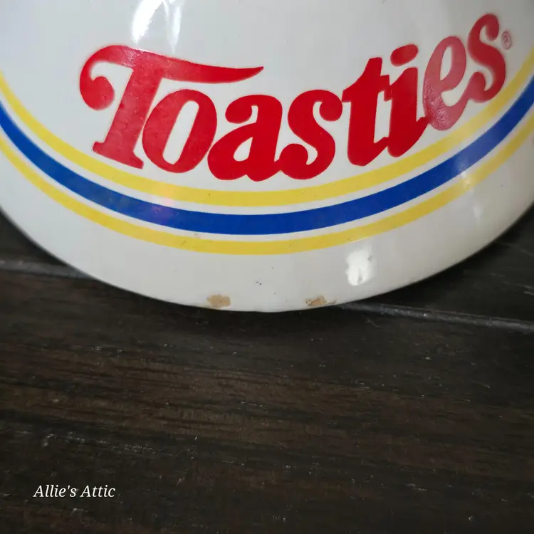 Vintage Post Toasties Cereal Promo Wide Bottom Coffee Mug Cup Blue Yellow Red