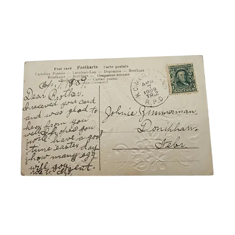 Antique Austria A Joyful Easter Embossed Vintage Postcard With Bunny & Flowers Postmarked 1909