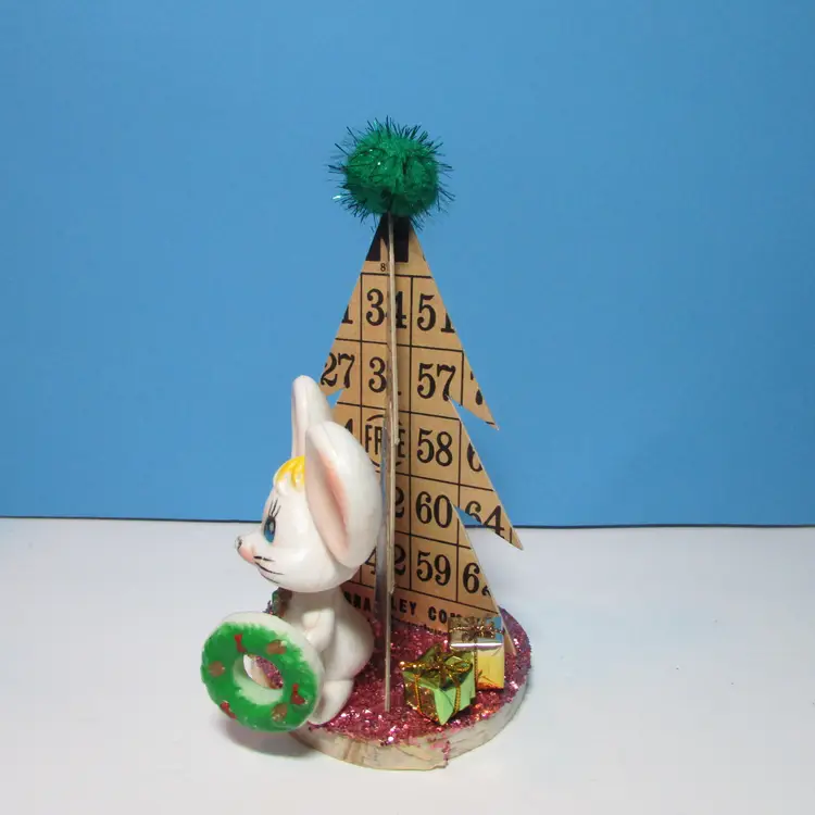vintage Christmas assemblage Bingo card tree mouse