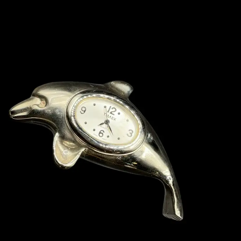 Timex Dolphin Silver Tone Miniature Clock 3.25” X 1.75”