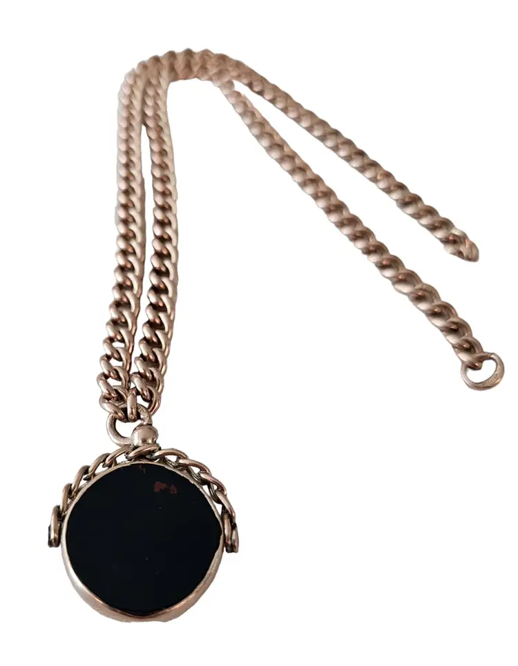 9K Yellow Gold Vintage Bloodstone Watch Fob Chain, Missing Clasps L79