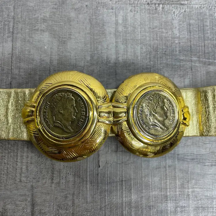Vintage DOTTY SMITH Gold tone Double Napoleon Coin Adjustable Belt 1.25 36 in
