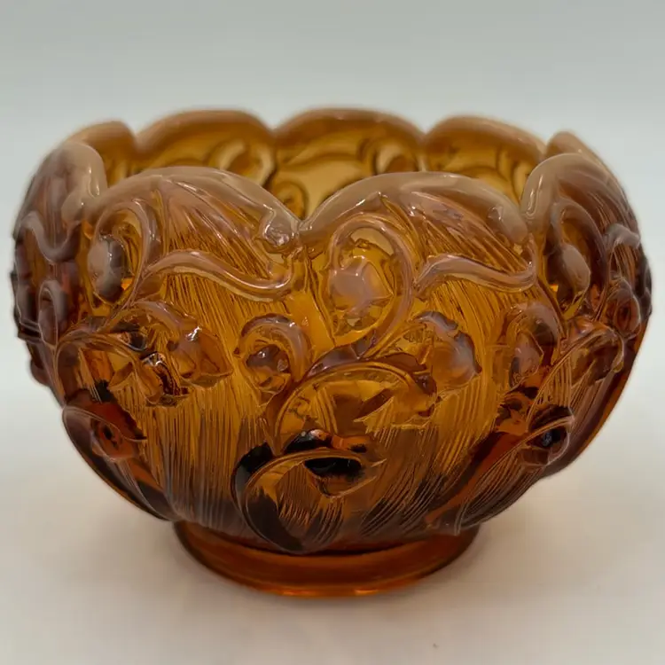 Vintage Fenton Amber bowl cameo opal essence. Lily of the valley pinched ruffled.