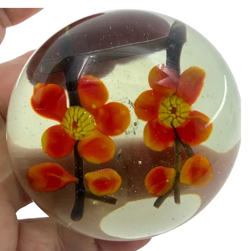 Chinese Flowers on Branch Lampwork Art Glass Paperweight Orange Blossoms
1.75” T x 2.75” W