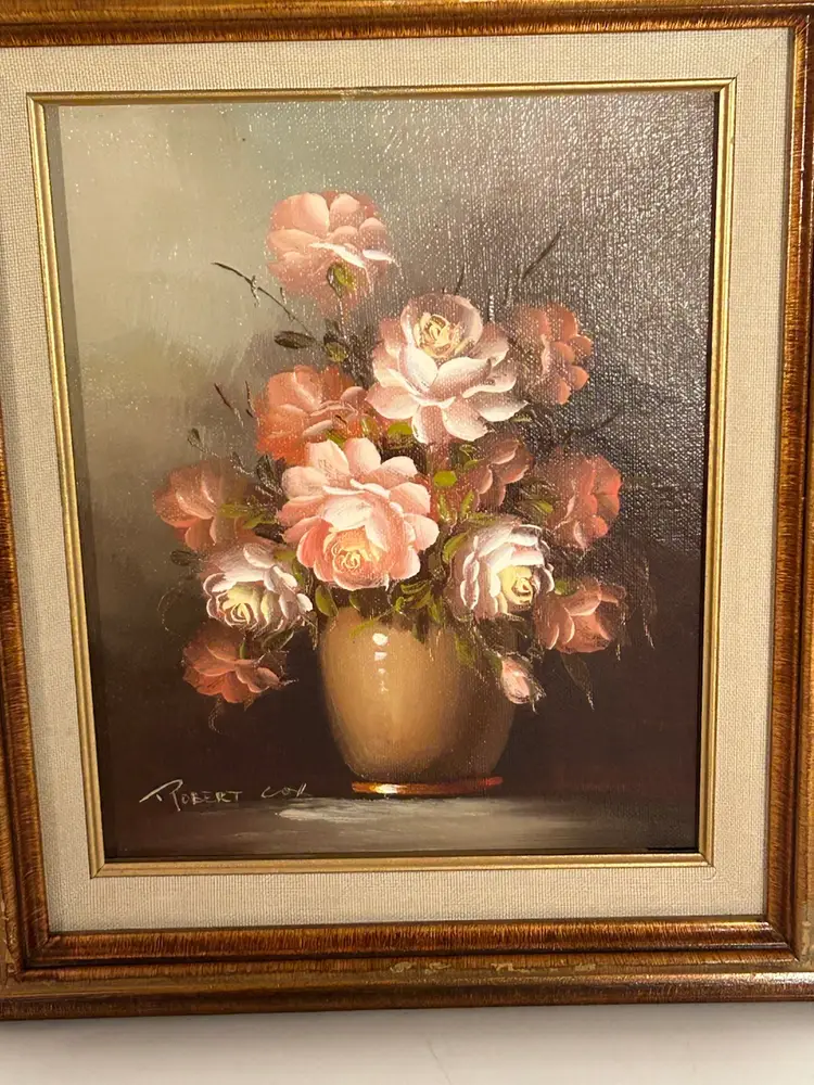 Vintage Robert Cox Signed still life floral Oil Painting, Wood And Gold Frame
