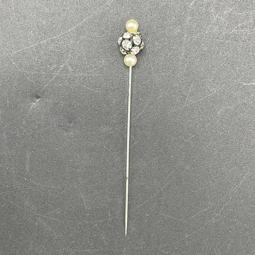 Hat Lapel Stick Pin Rhinestone Faux Pearl Silver Toned Vintage Jewelry