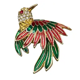 Vintage D Orlan Humming Bird Brooch Gold Tone Enamel Rhinestones Colorful