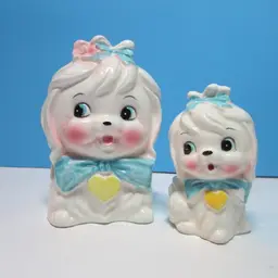 vintage Lefton Mr Toodles white Maltese dog napkin holder and shaker set