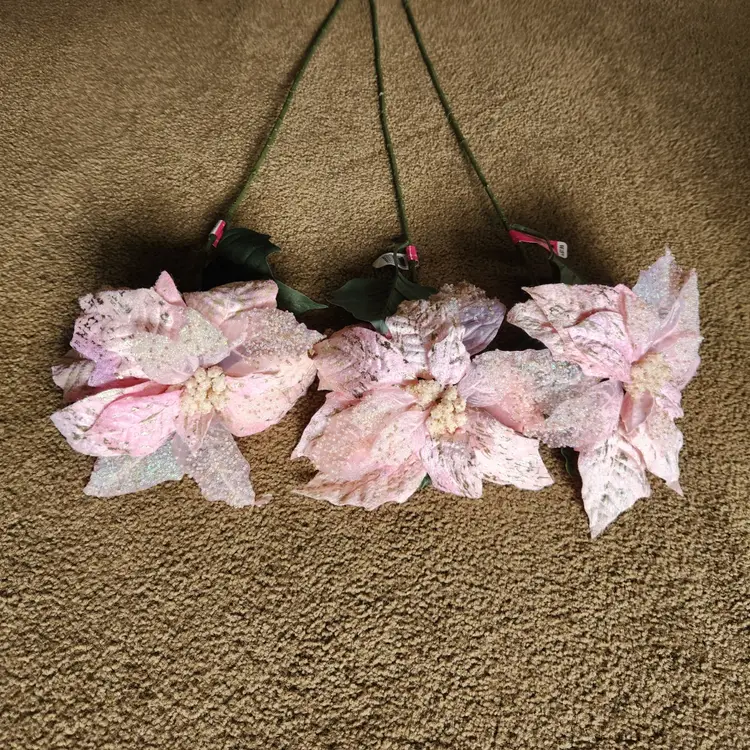 3 LARGE Poinsettia 9" Silk Velvet Flower Stems Pale Pink & Gold Bead Encrusted NWT