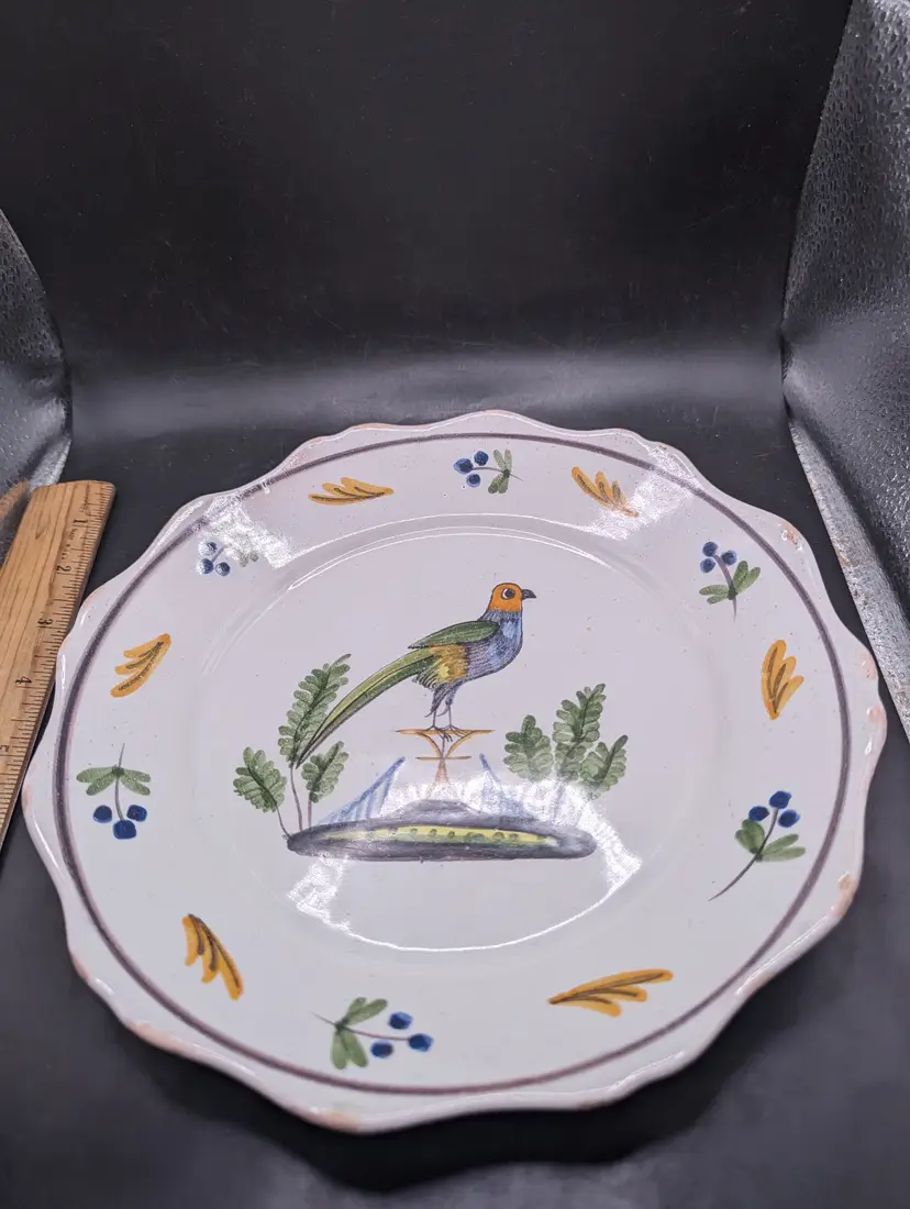 Antique Nevers Style Faience Plate With Bird Design.