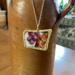 Broken Pottery Artisan Made Grape And Pineapple Pendant Fruit Plate Handcrafted Necklace 1.5 in x 1 in
