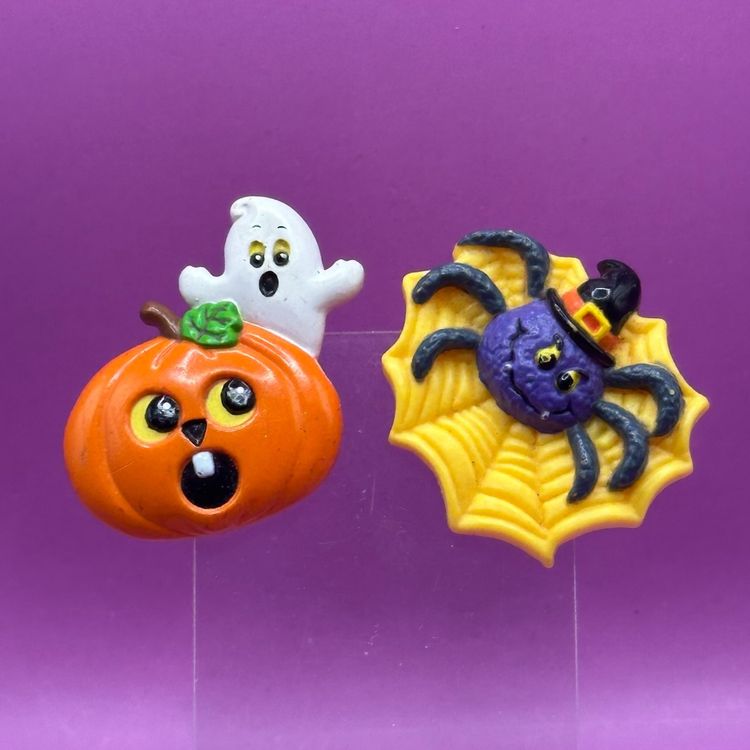Two Halloween Plastic Pins Ghost Jack-o’-lantern Spider Vintage