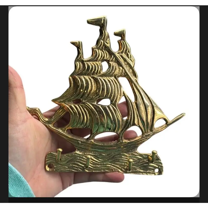 Vintage  Brass Clipper Ship Wall Hanging with Hooks
