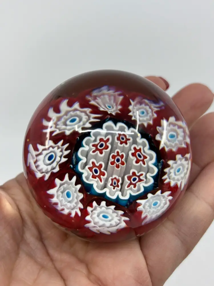 Red White & Blue Millefiori Art Glass Paperweight 2.25”