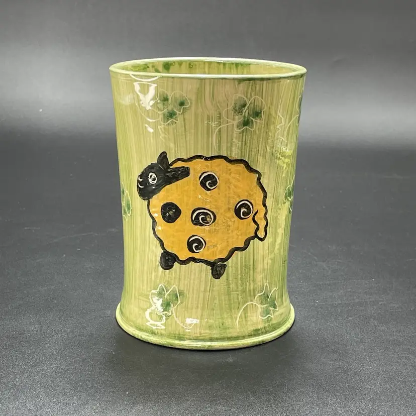 Handmade Irish Pottery Sheep Lamb Shamrocks Vase Planter Signed Brayshan