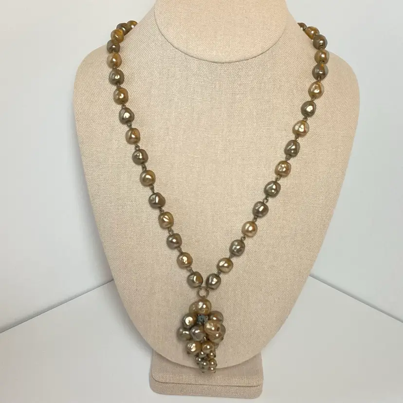 Vtg Pink Champagne Gray Glass Baroque Pearls Necklace Graduated Cluster Pendant