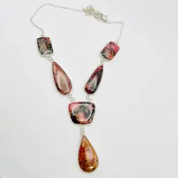5-Stone Rhodonite Necklace (20 inches) in Sterling Silver Finish (#173)