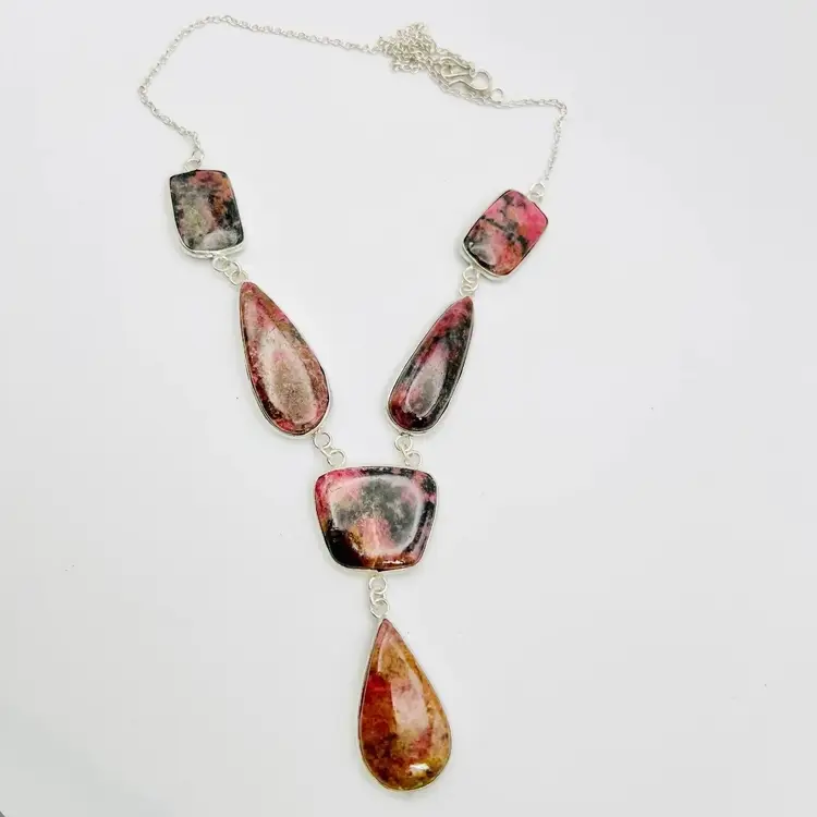 5-Stone Rhodonite Necklace (20 inches) in Sterling Silver Finish (#173)