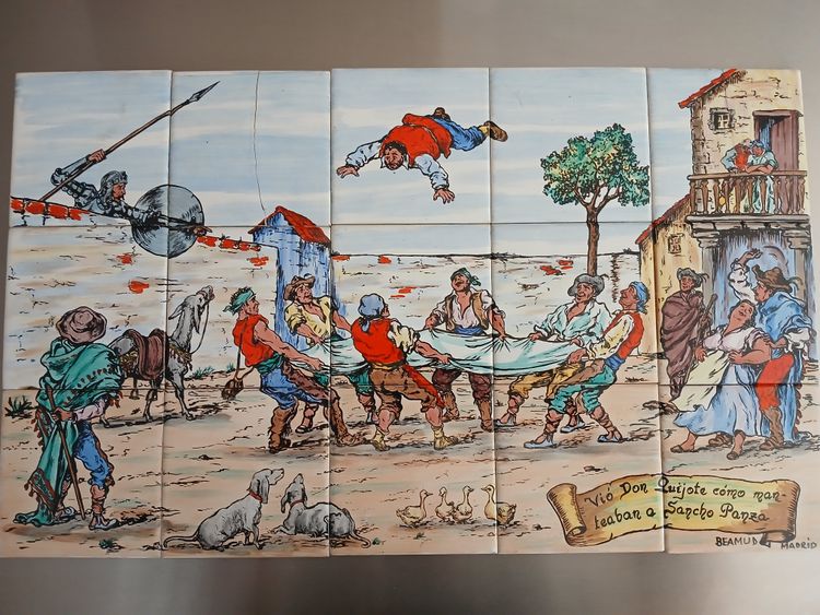 Handpainted Signed Tile Mural Depicting The Blanketing of Sancho Panza From Don Quixote