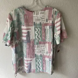 Vintage 90s Pastel Abstract Art Print Short Sleeve w/ Shoulder Pads Made USA