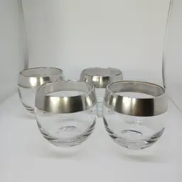 4 mid-century modern Dorothy Thorpe roly poly silver band drinking glasses 1960s