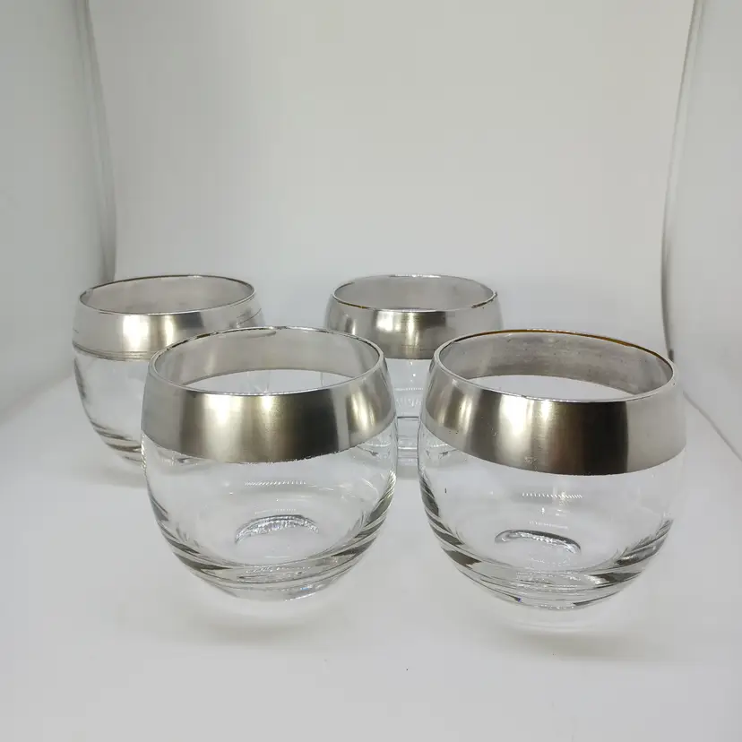 4 mid-century modern Dorothy Thorpe roly poly silver band drinking glasses 1960s