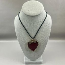 Vintage Large Stained Glass Strawberry 2.25" Pendant Necklace Red Black Cord
