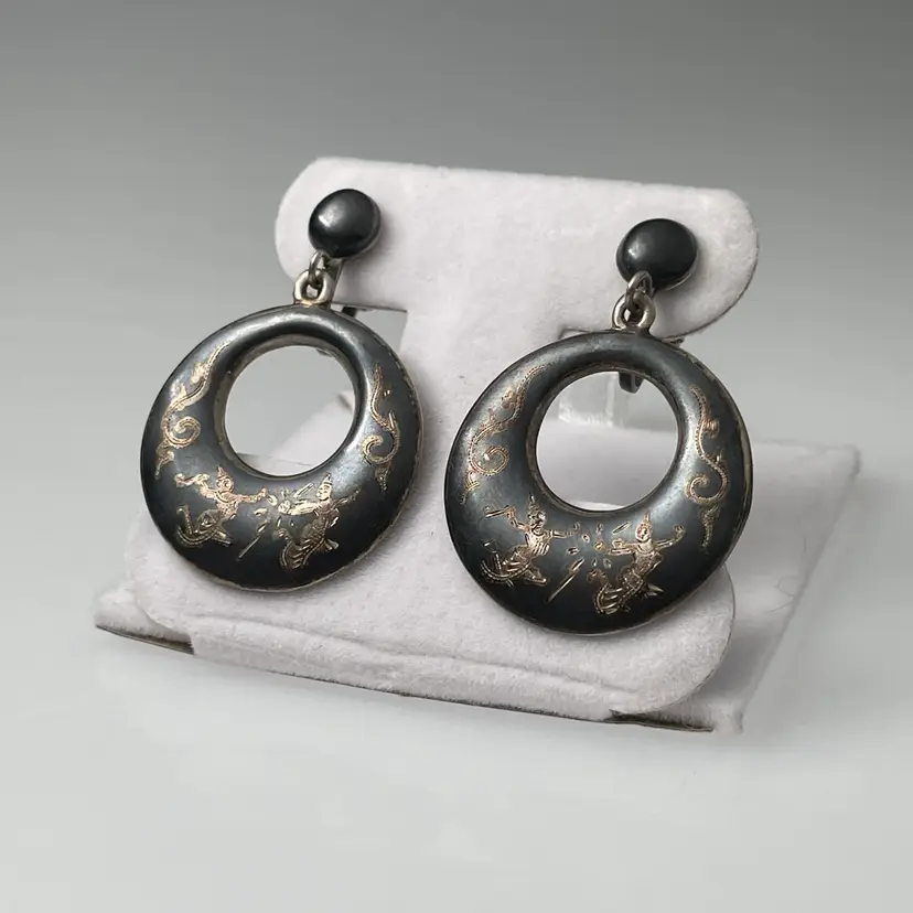 Siam Niello Sterling Silver 925 Screw Back Dangle Loop Earrings 1.5" Drop Vintage