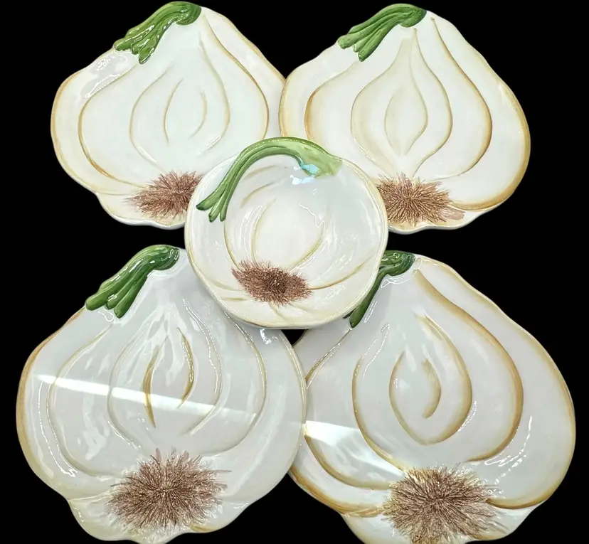 Set of 5 Sur La Table Ceramic Appetizer Plate Dip Bowl Garlic Bulb Made in Italy