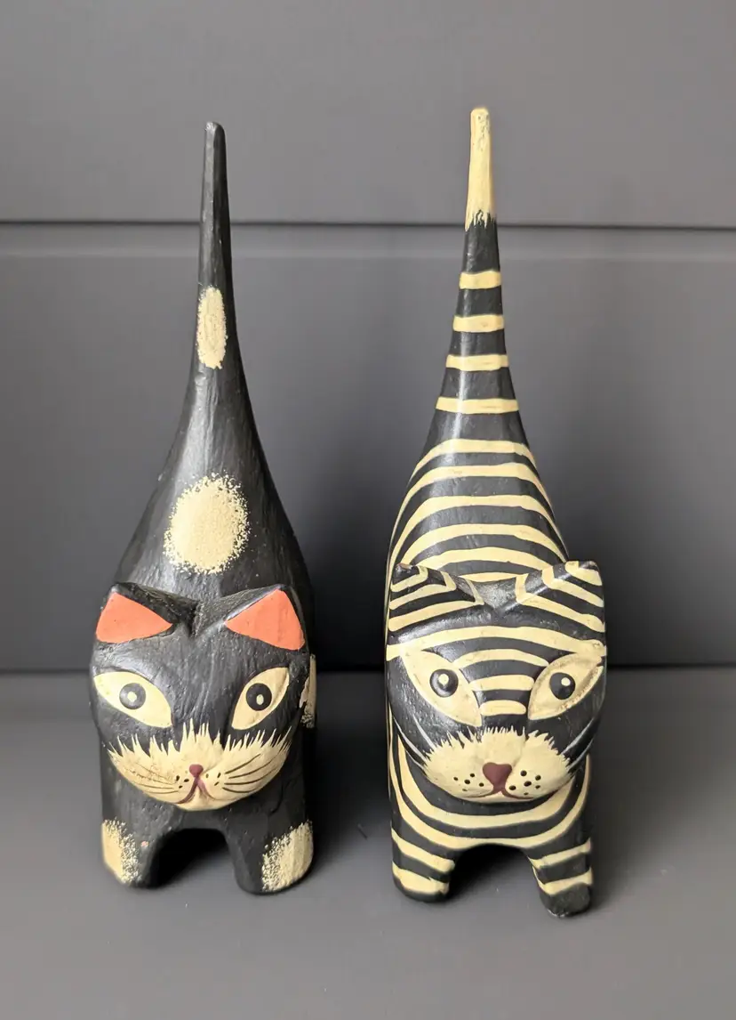 Vintage Folk Art Hand Carved & Painted Wooden Cat Figurines Figurines