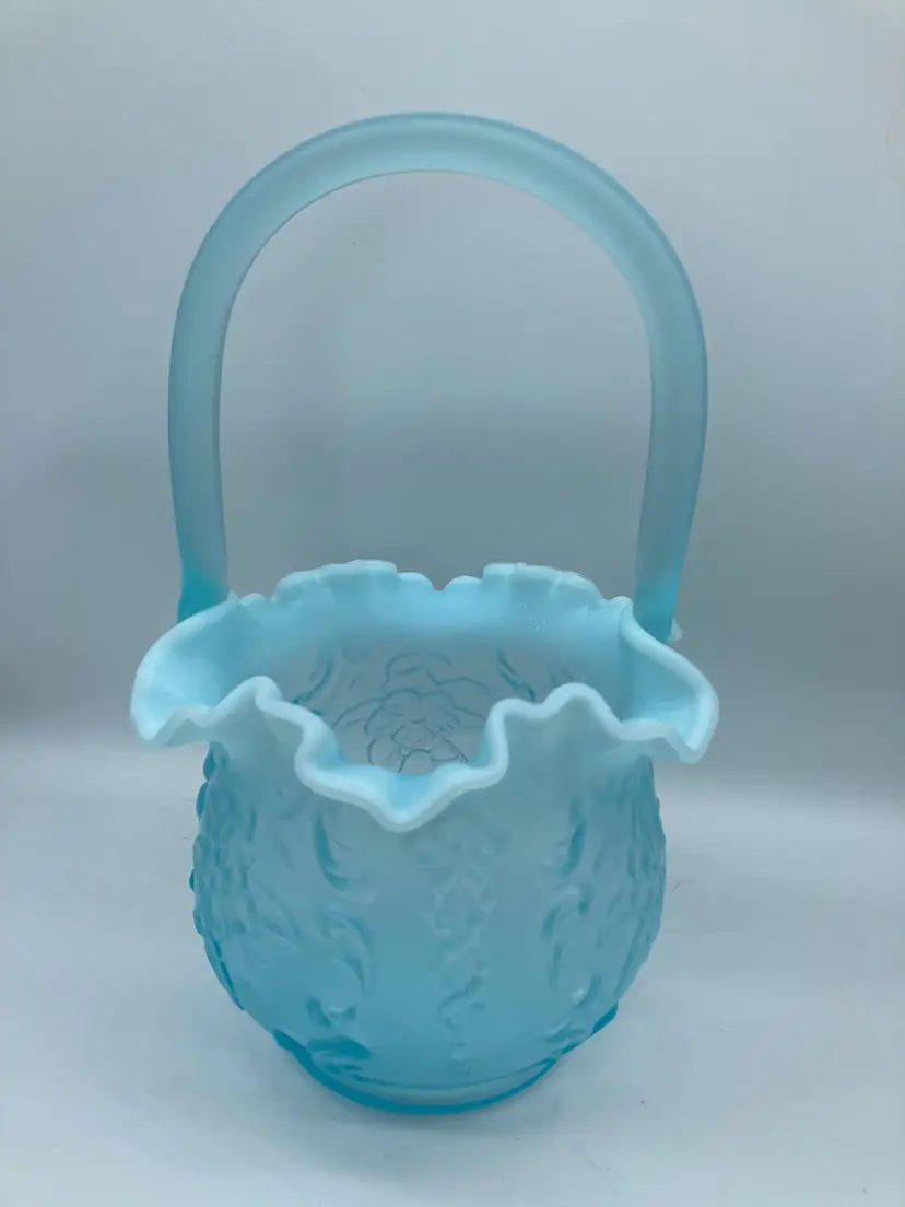 Vintage Celeste Blue Opalescent Ruffled Basket in "Wild Rose and Bowknot" Pattern