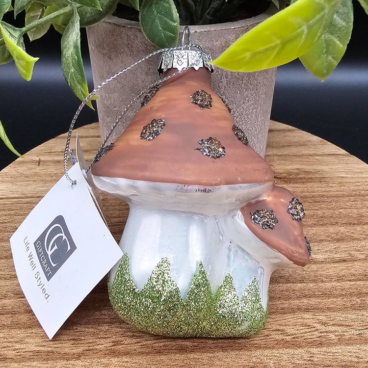 NWT Glittery Brown and Green Spotted Mushroom Glass Ornament by GiftCraft