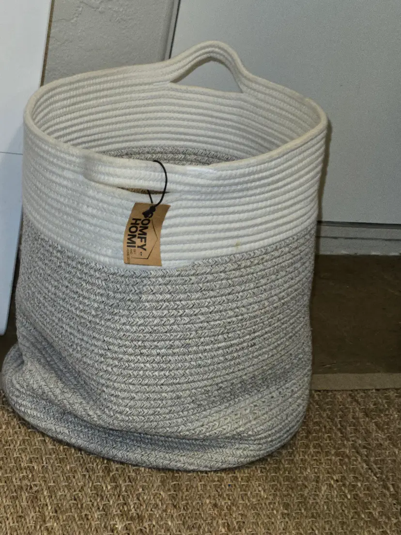 Natural Woven Cotton Rope Storage Basket for Organizing Towels White & Brown 16" x 20" est 2 lbs