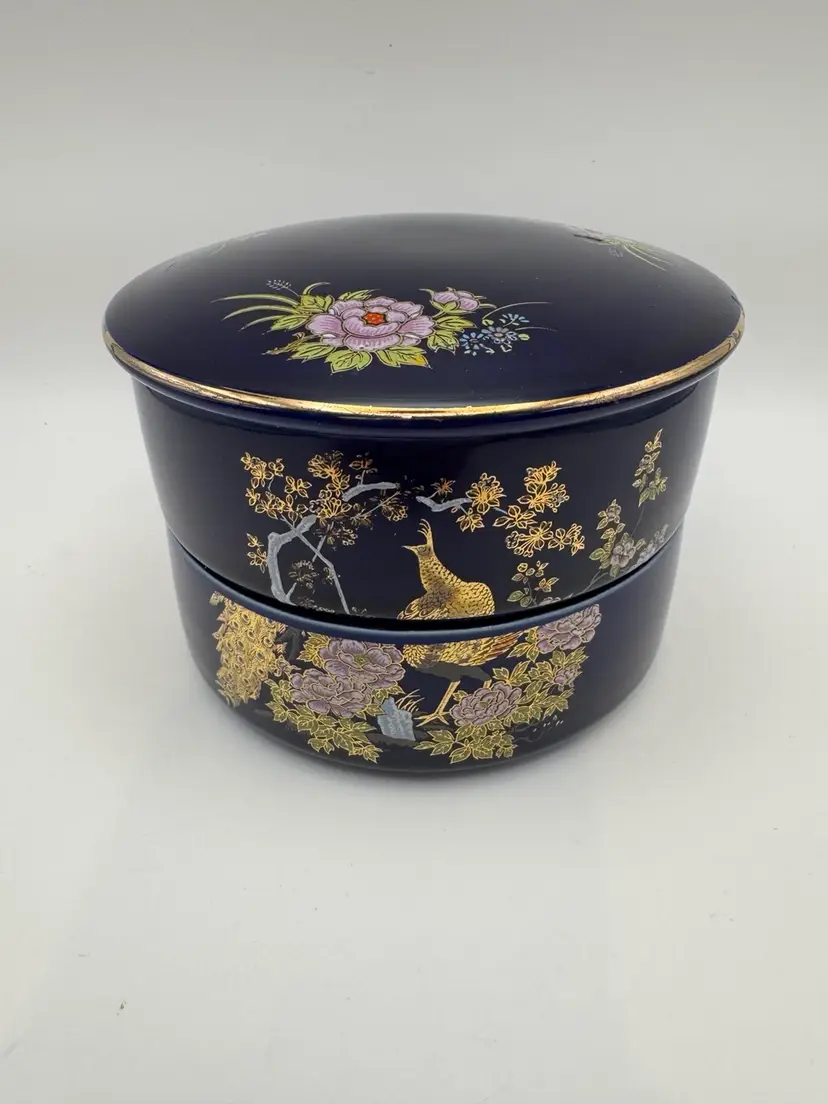 Vintage 2-Tier Toyo Japan Porcelain Jubako: Cobalt Blue Peacock Stacking Trinket Box READ