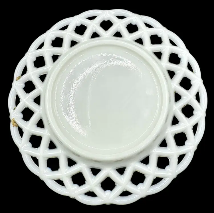 Vintage Westmoreland Milk Glass Plate Painted Gold Forget Me Nots Lattice Edge