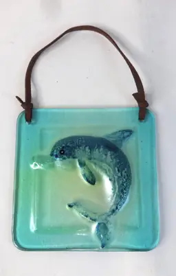 Dolphin Art Glass Suncatcher Hanger 4.5" x 4.5" Leather Strap Hanger