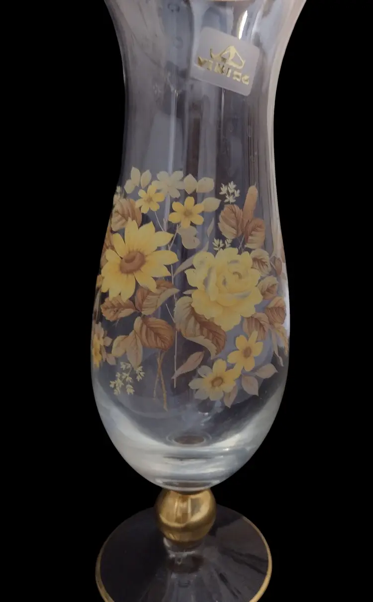 Vintage Viking Floral MCM Pedestal Footed Glass Vase 10" Fall Cottagecore