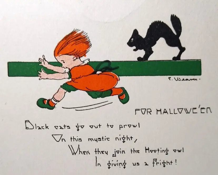 Halloween Postcard Girl Run From Black Cat Weaver Series 2399 Fantasy Original