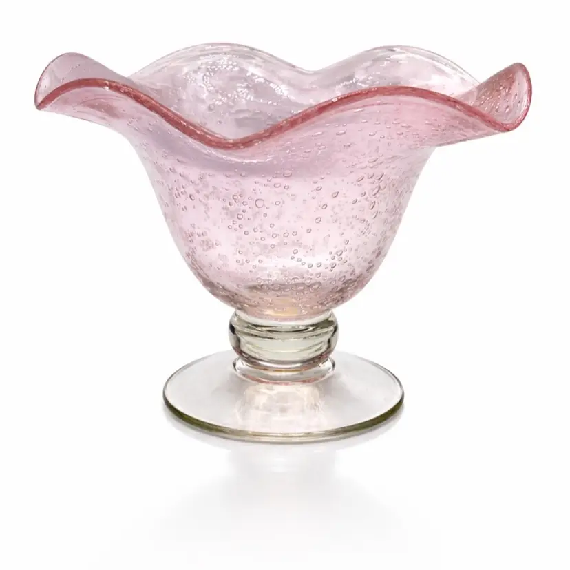 Art Glass Pink Fluted Pedestal Bowl With Clear Base