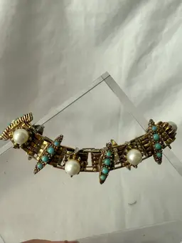 Vintage MCM Victorian Revival Faux Pearl And Turquoise Bracelet Gold Tone 7 In