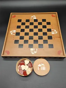 Handcrafted Wooden Checkerboard Game Set Painted Houses Hearts 24 Pcs Balsa Box