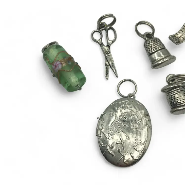 Vintage Sewing-Themed Silver-Tone Charms & Locket Set With Green Glass Bead