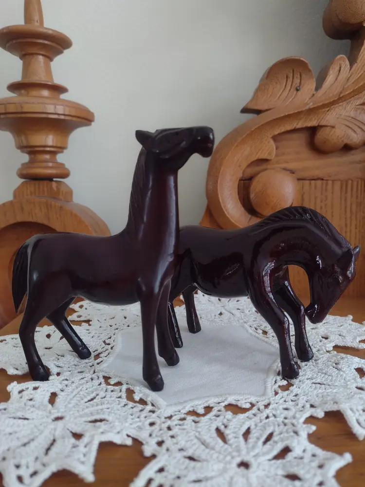 Small Wood Carved Horse Figures - set of 2