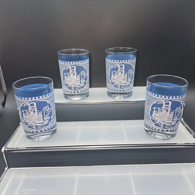 Mid-Century Currier & Ives Steamboat Juice Glasses Royal China 6 Oz Set of 4+1